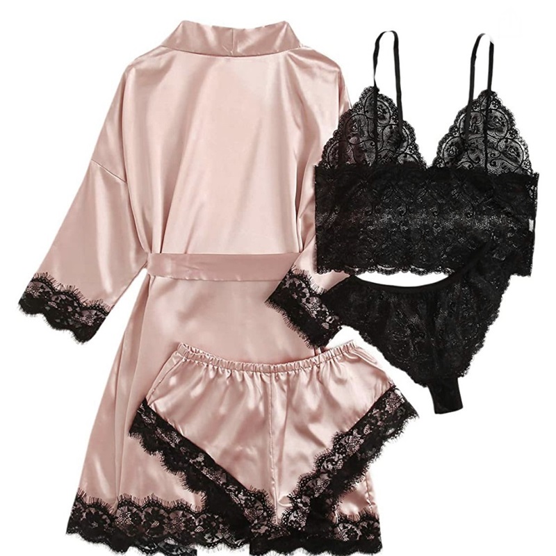 Set piyama satin yang dicat renda 4-piece